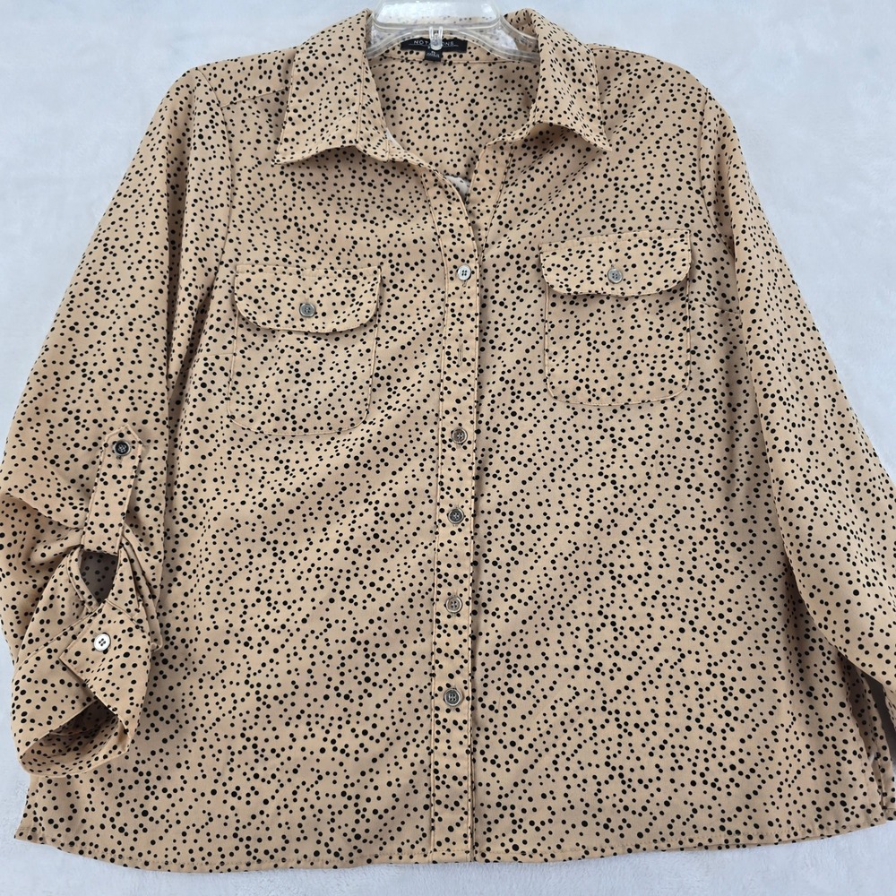 Notations Button Down Womens PL Shirt Tan Black Polka Dot Roll Tab PSTB0588